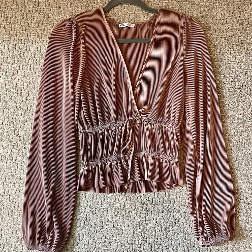 Beige Neutral Long Sleeve Silk Blouse or Evening Top, Size S, ZARA, Silky
